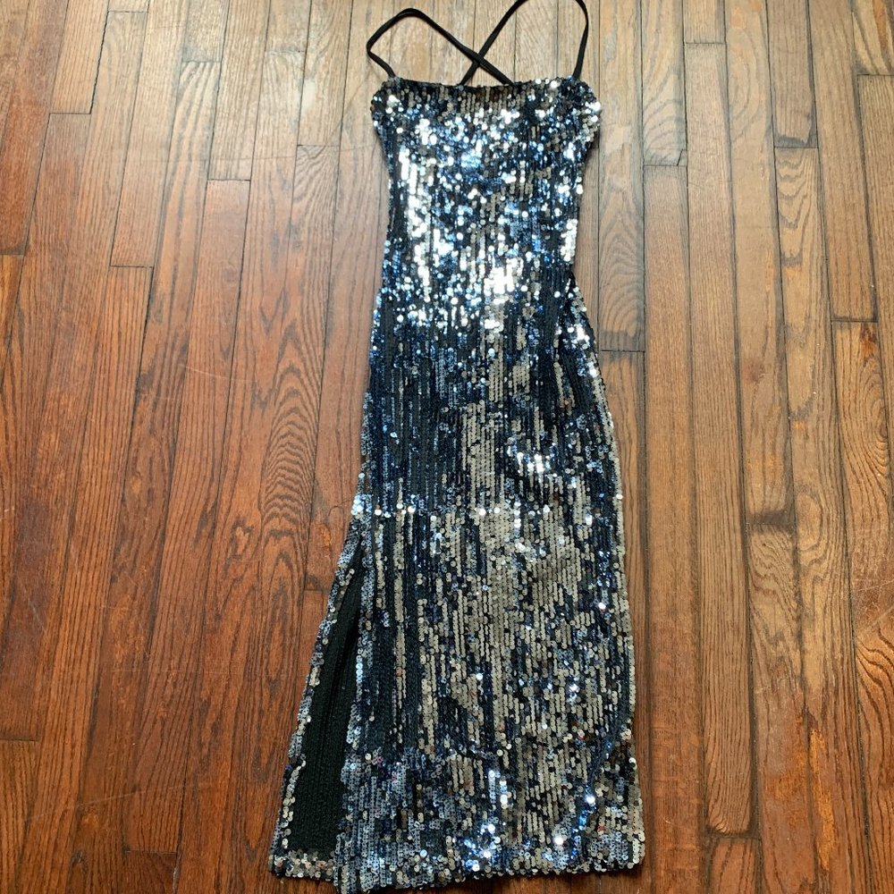 DRESS THE POPULATION Sequin Party Dress | Blue and Silver | Size XS